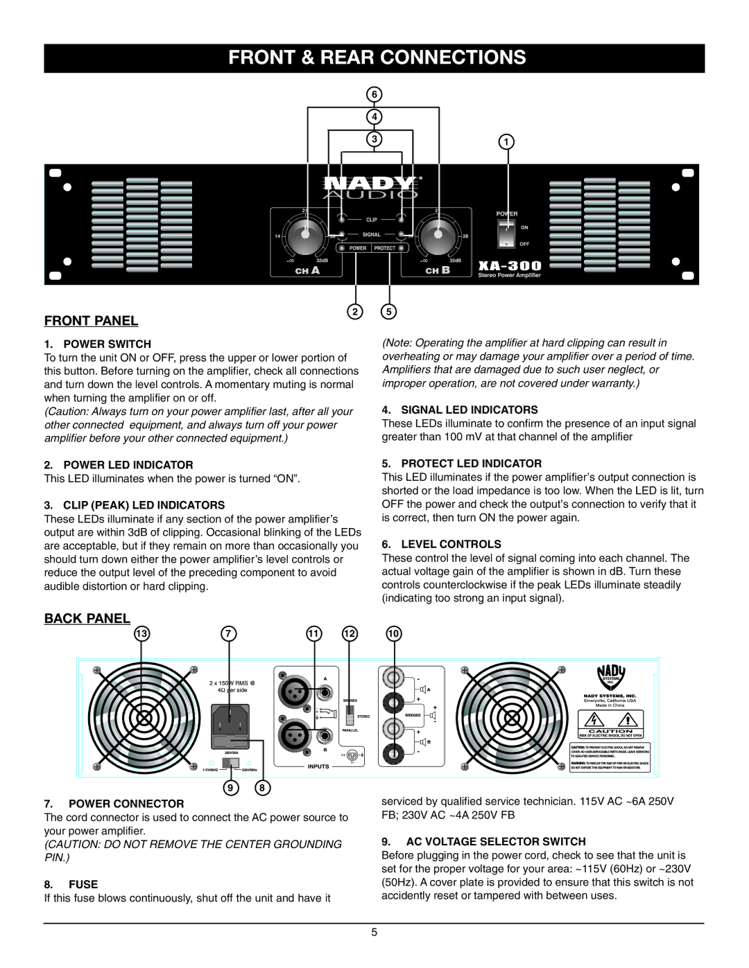 Nady Systems XA-300 owner manual Front & Rear Connections, Front Panel 