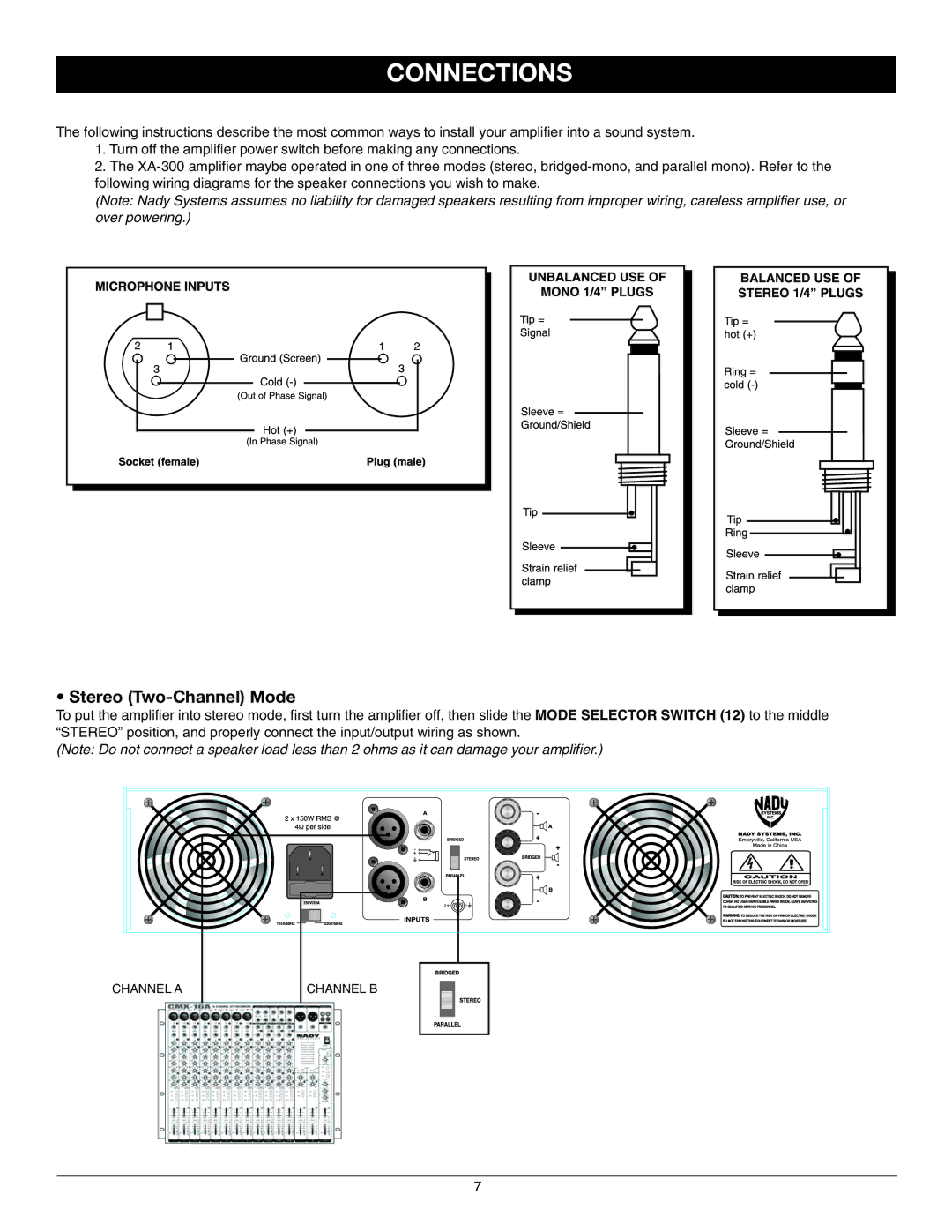 Nady Systems XA-300 owner manual Connections, Stereo Two-Channel Mode 