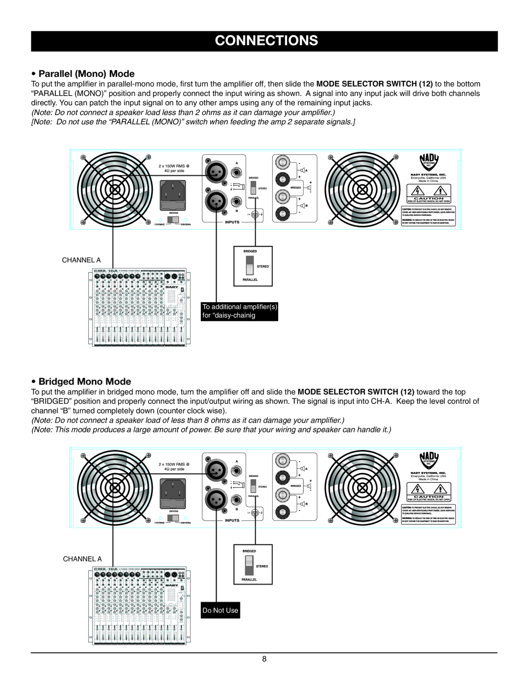 Nady Systems XA-300 owner manual Parallel Mono Mode 