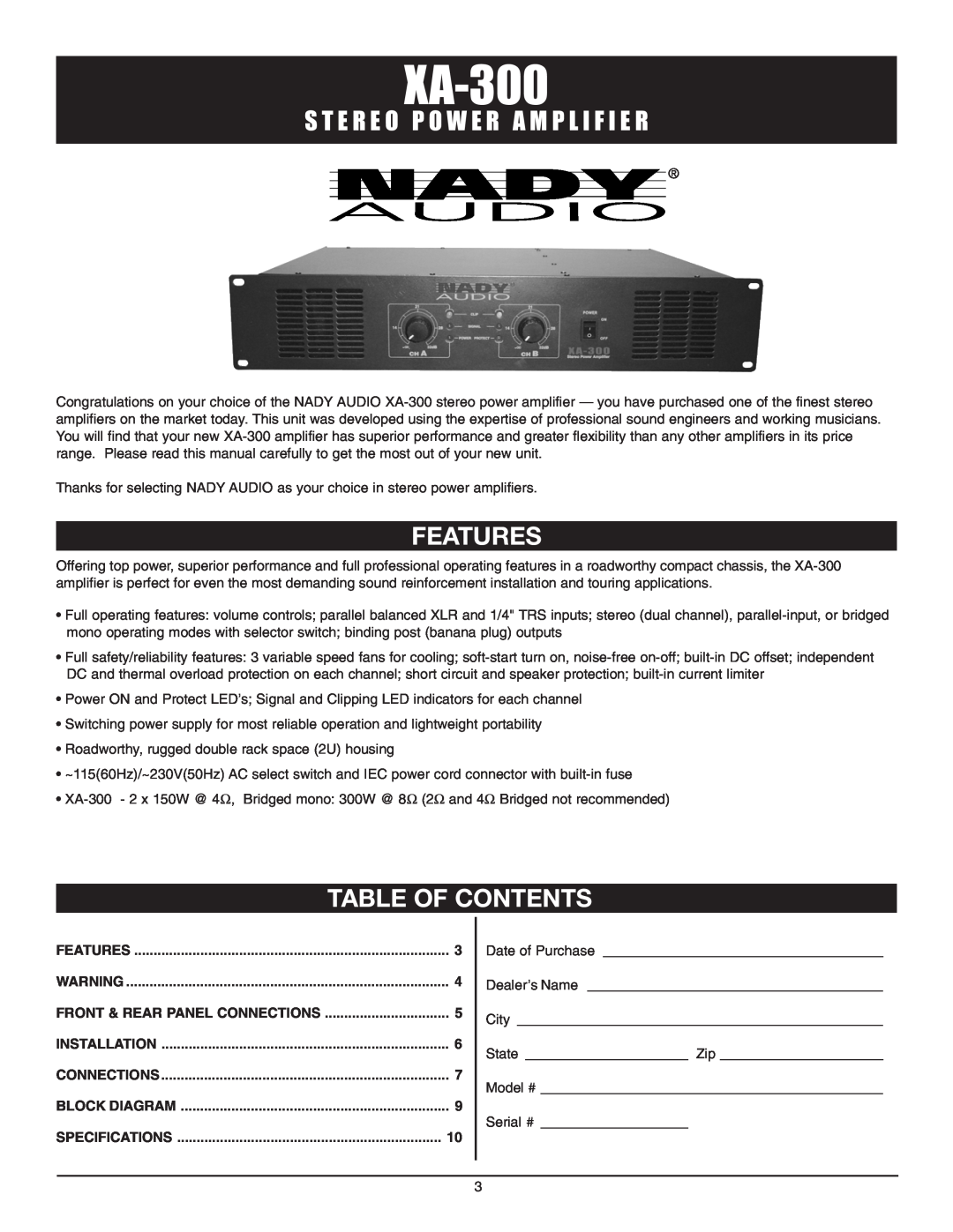 Nady Systems XA-300 Features, Table Of Contents, S T E R E O P O W E R A M P L I F I E R, Front & Rear Panel Connections 