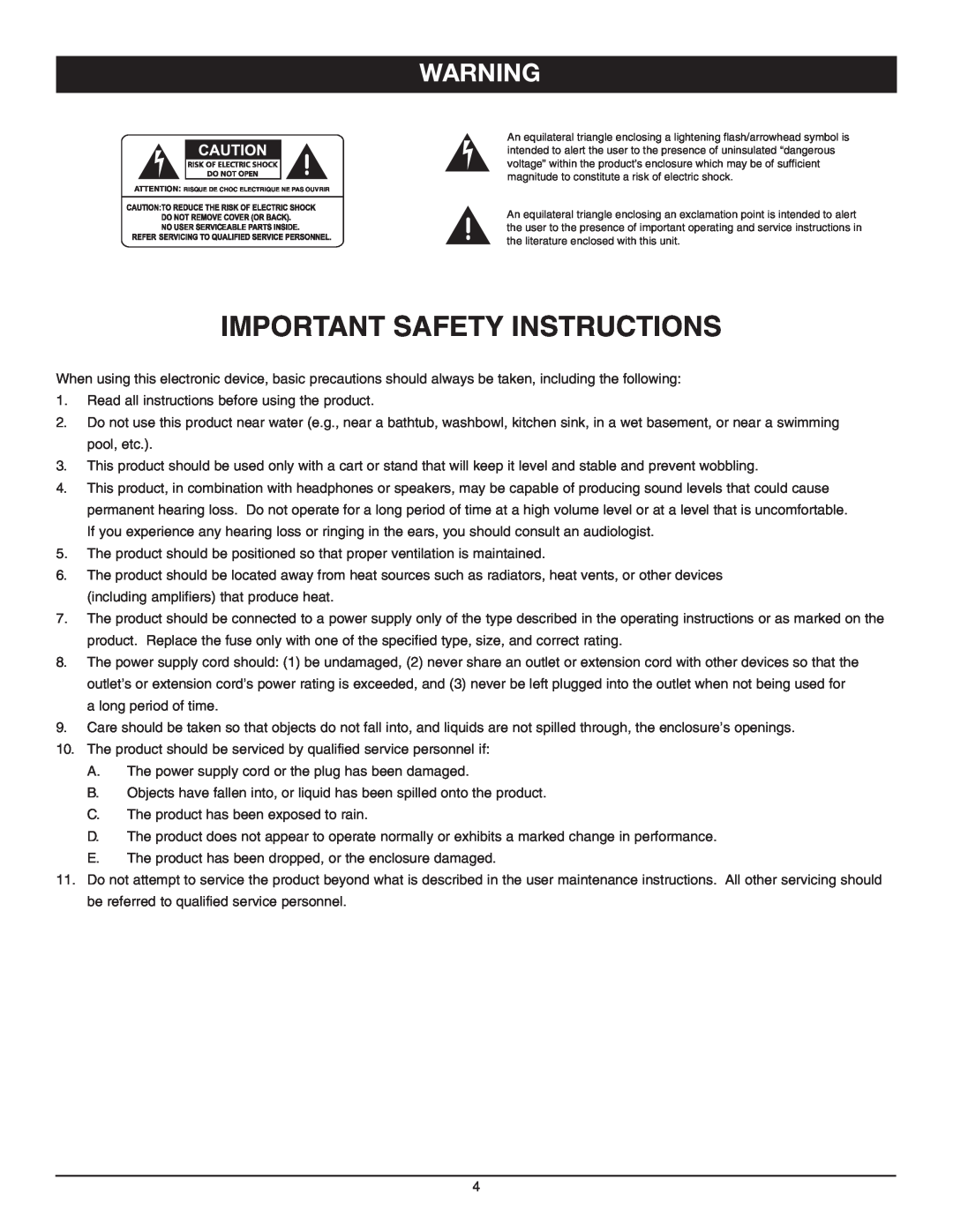 Nady Systems XA-300 owner manual Important Safety Instructions 