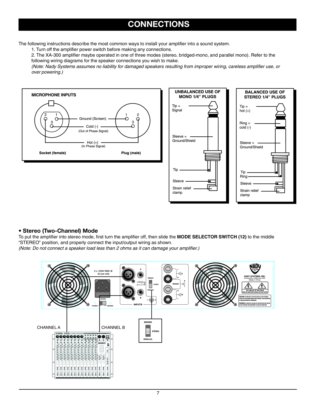 Nady Systems XA-300 owner manual Connections, • Stereo Two-ChannelMode 