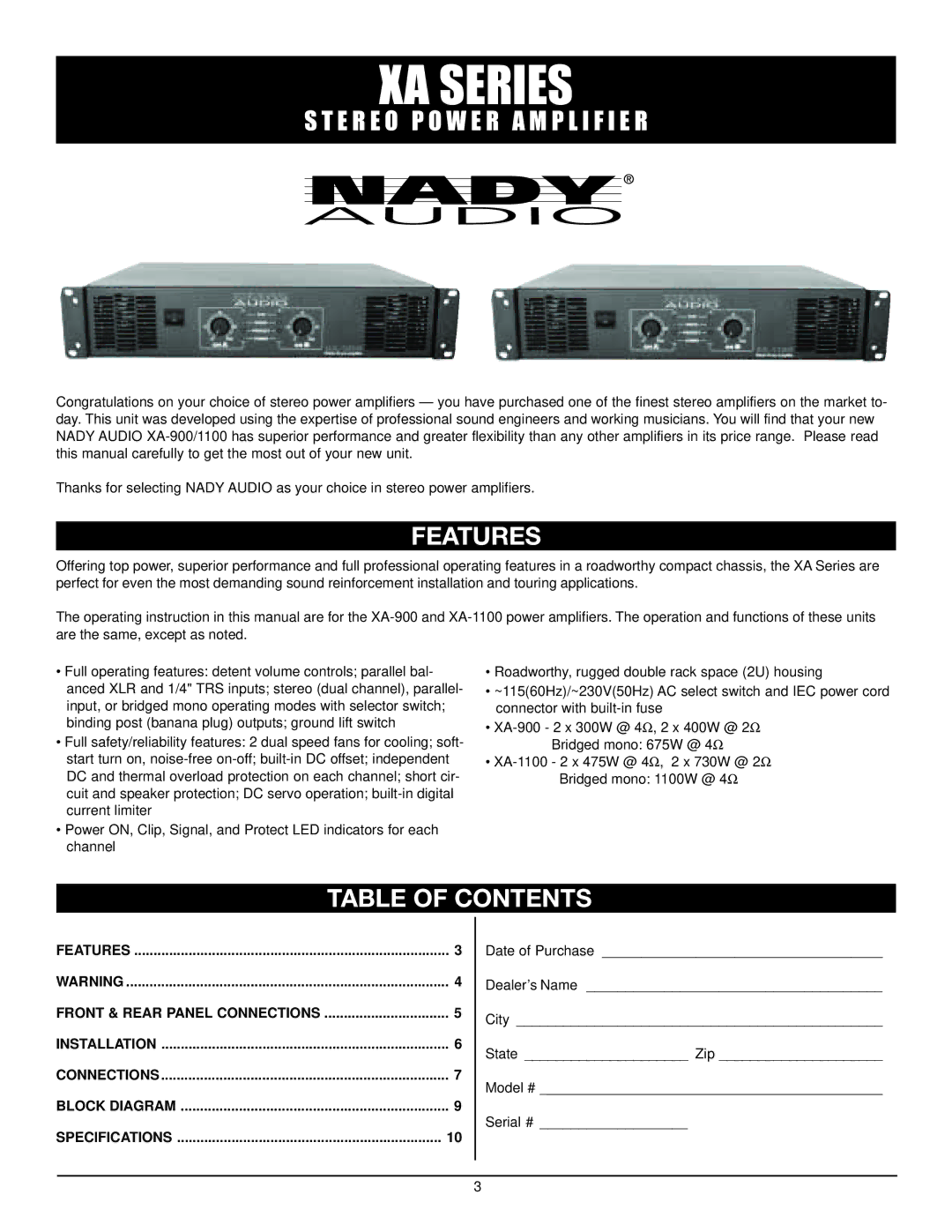 Nady Systems XA owner manual Features, Table of Contents 