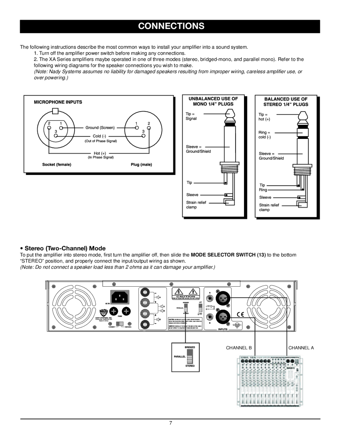 Nady Systems XA owner manual Connections, Stereo Two-Channel Mode 