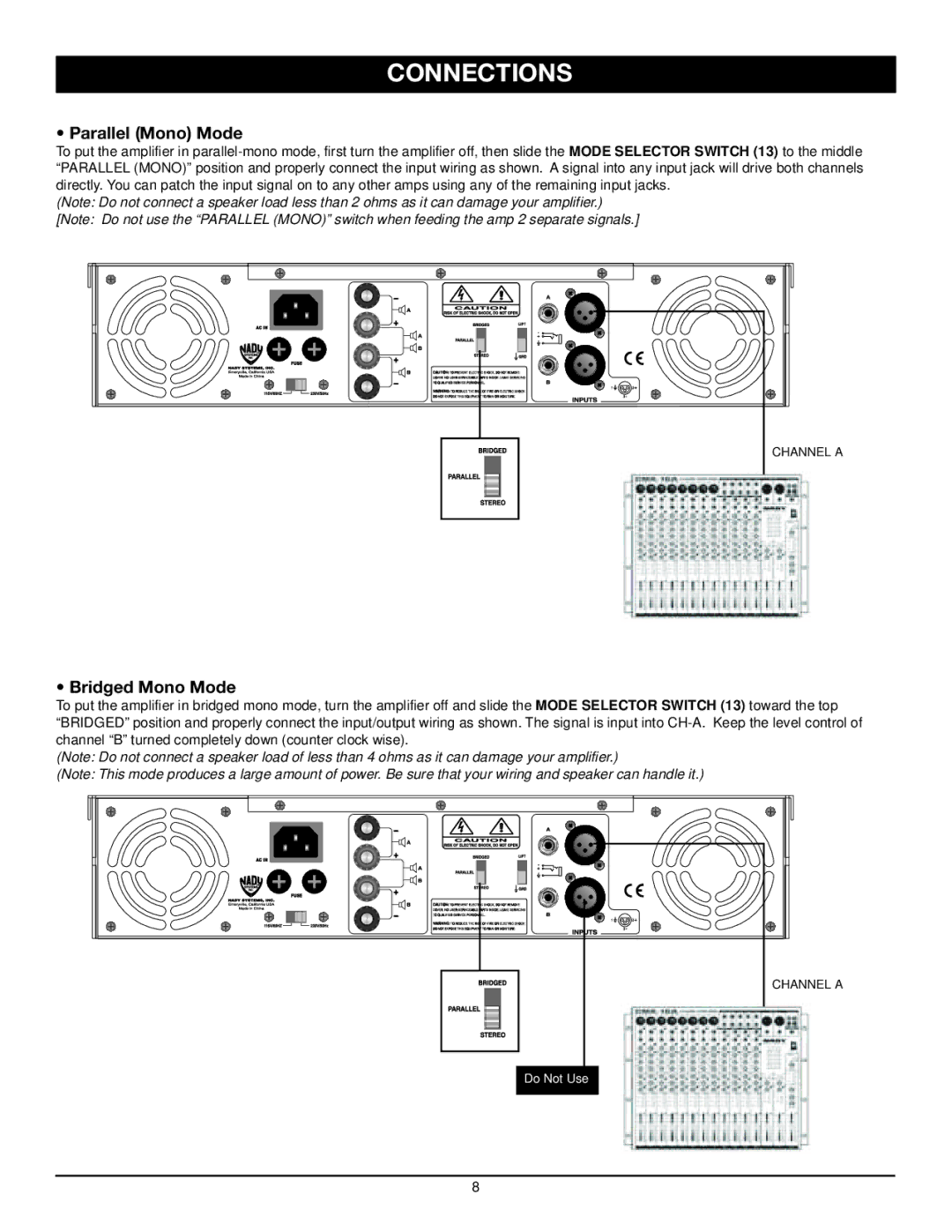 Nady Systems XA owner manual Parallel Mono Mode 