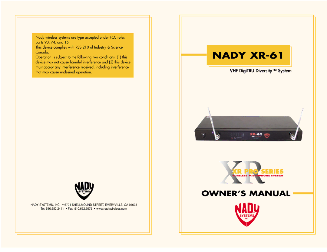 Nady Systems owner manual Nady XR-61 