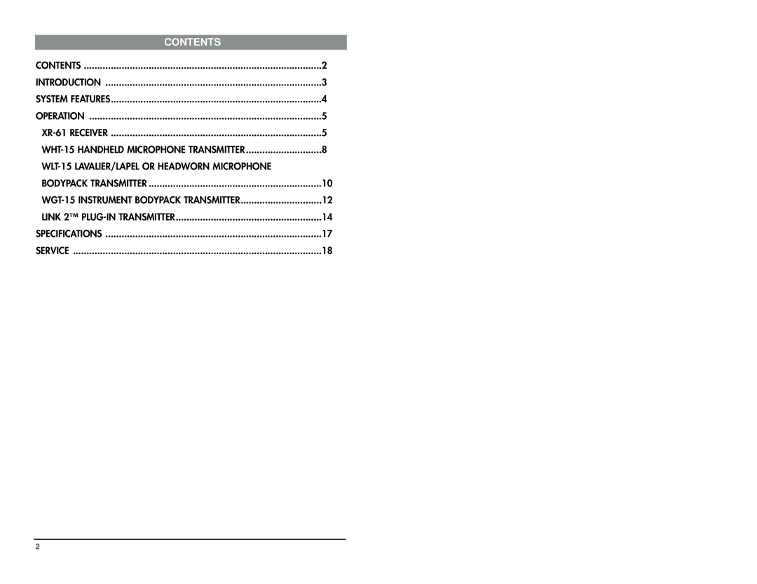 Nady Systems XR-61 owner manual Contents 