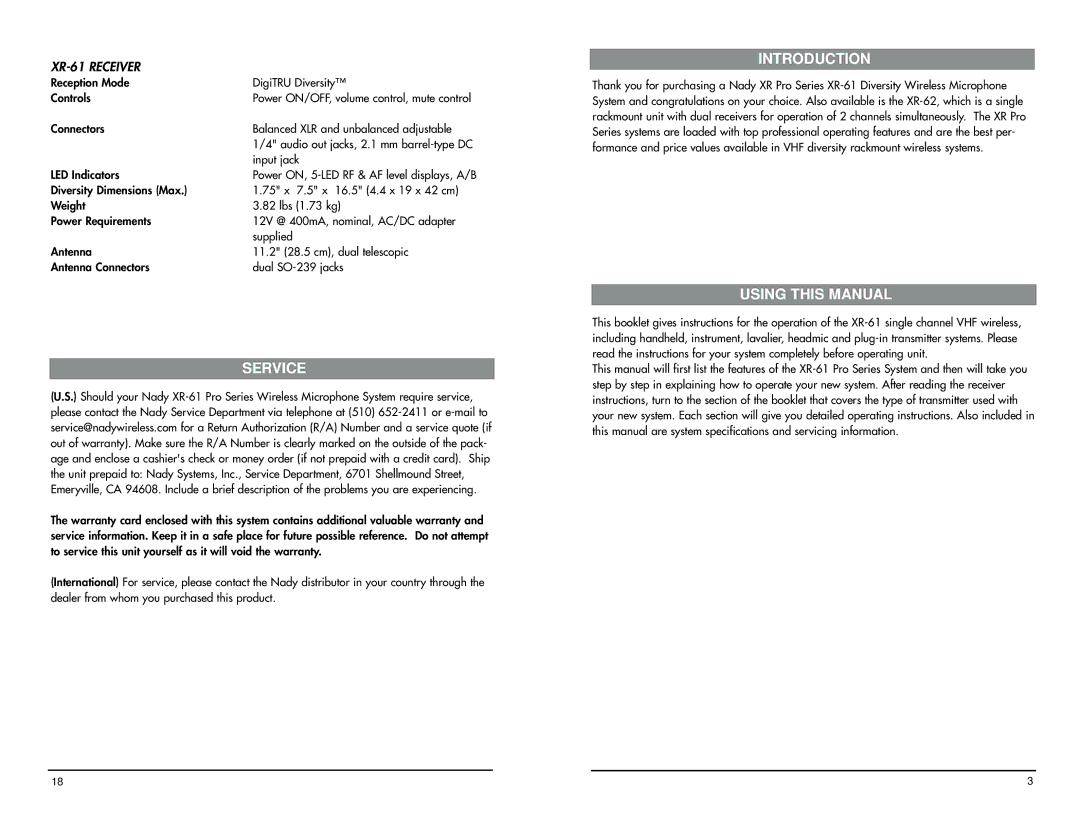 Nady Systems owner manual Service, Introduction, Using this Manual, XR-61 Receiver 