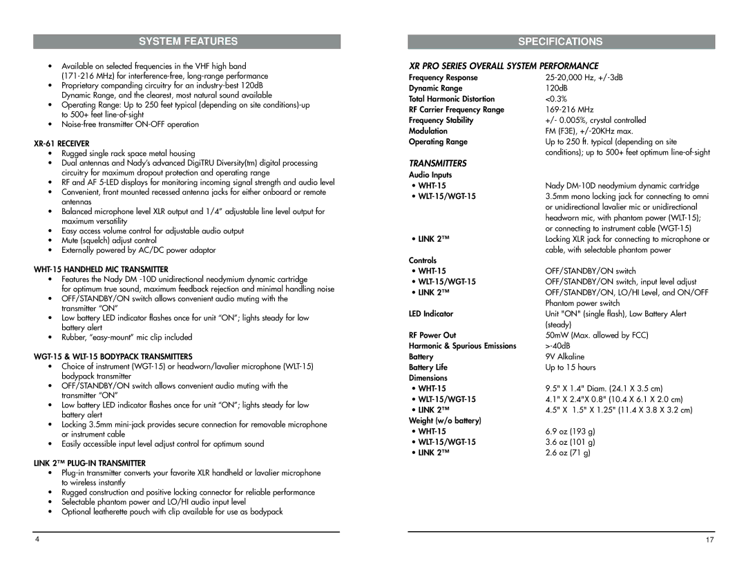 Nady Systems XR-61 owner manual System Features, Specifications, XR PRO Series Overall System Performance, Transmitters 