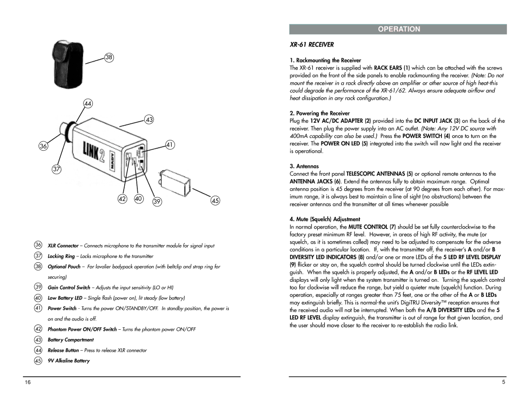 Nady Systems XR-61 owner manual Operation 