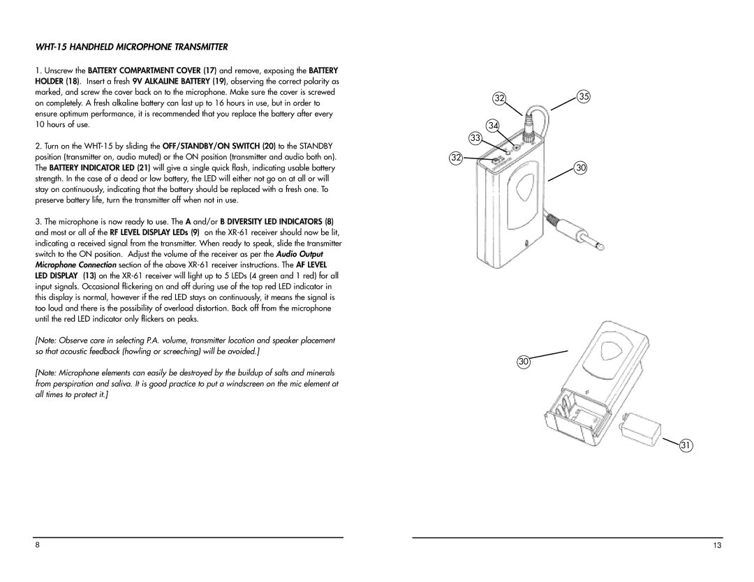 Nady Systems XR-61 owner manual WHT-15 Handheld Microphone Transmitter 