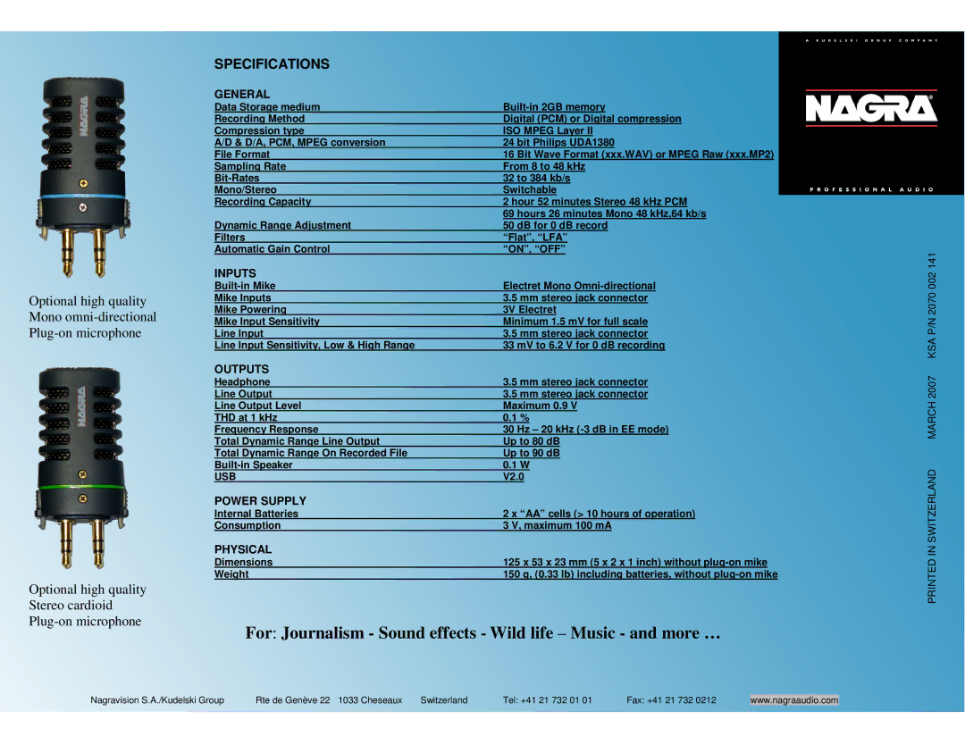 Nagra ARES-M II manual For Journalism Sound effects Wild life Music and more …, Specifications 