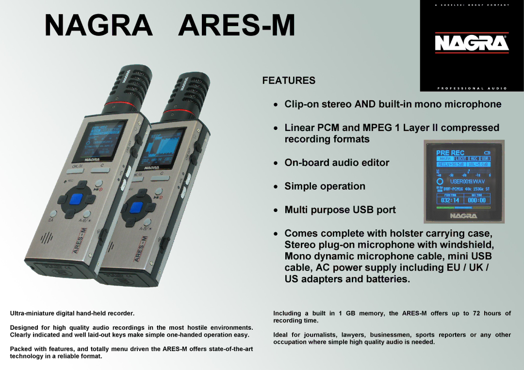 Nagra Audio Recorder manual Nagra ARES-M, Features 