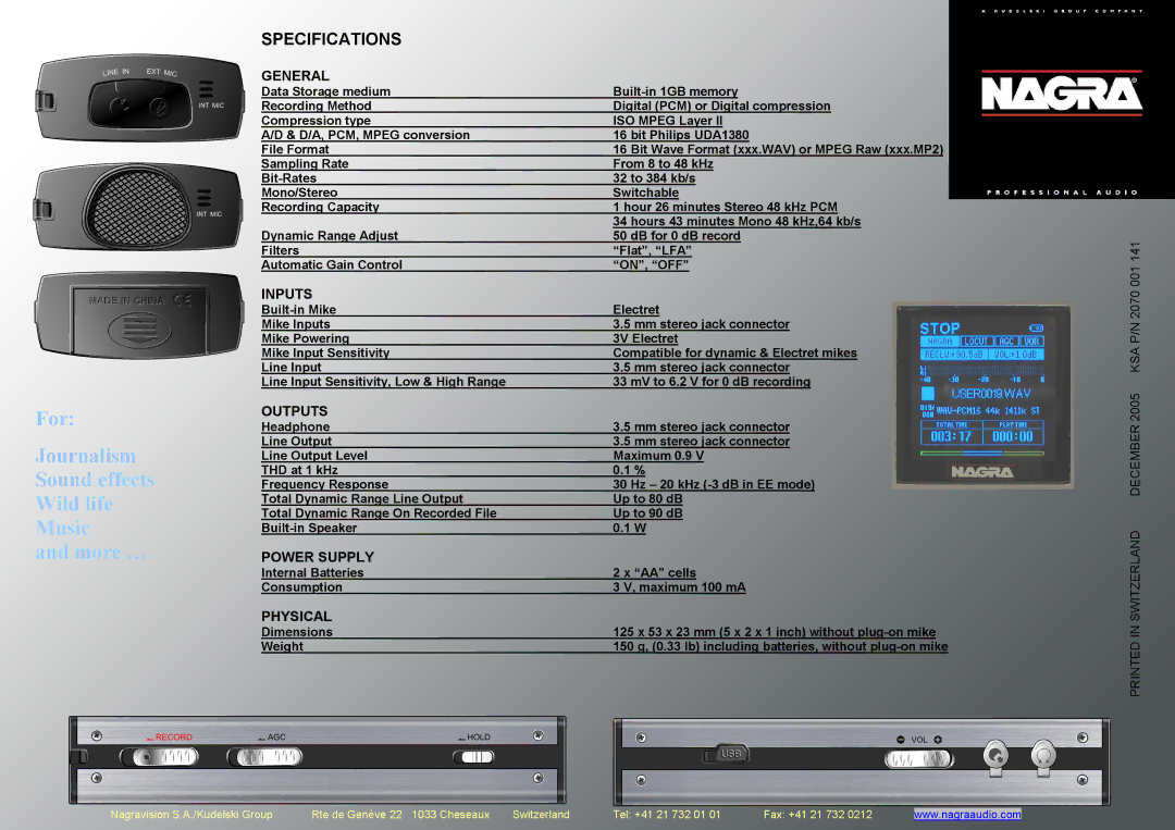 Nagra Audio Recorder manual For Journalism Sound effects Wild life Music More, Specifications 