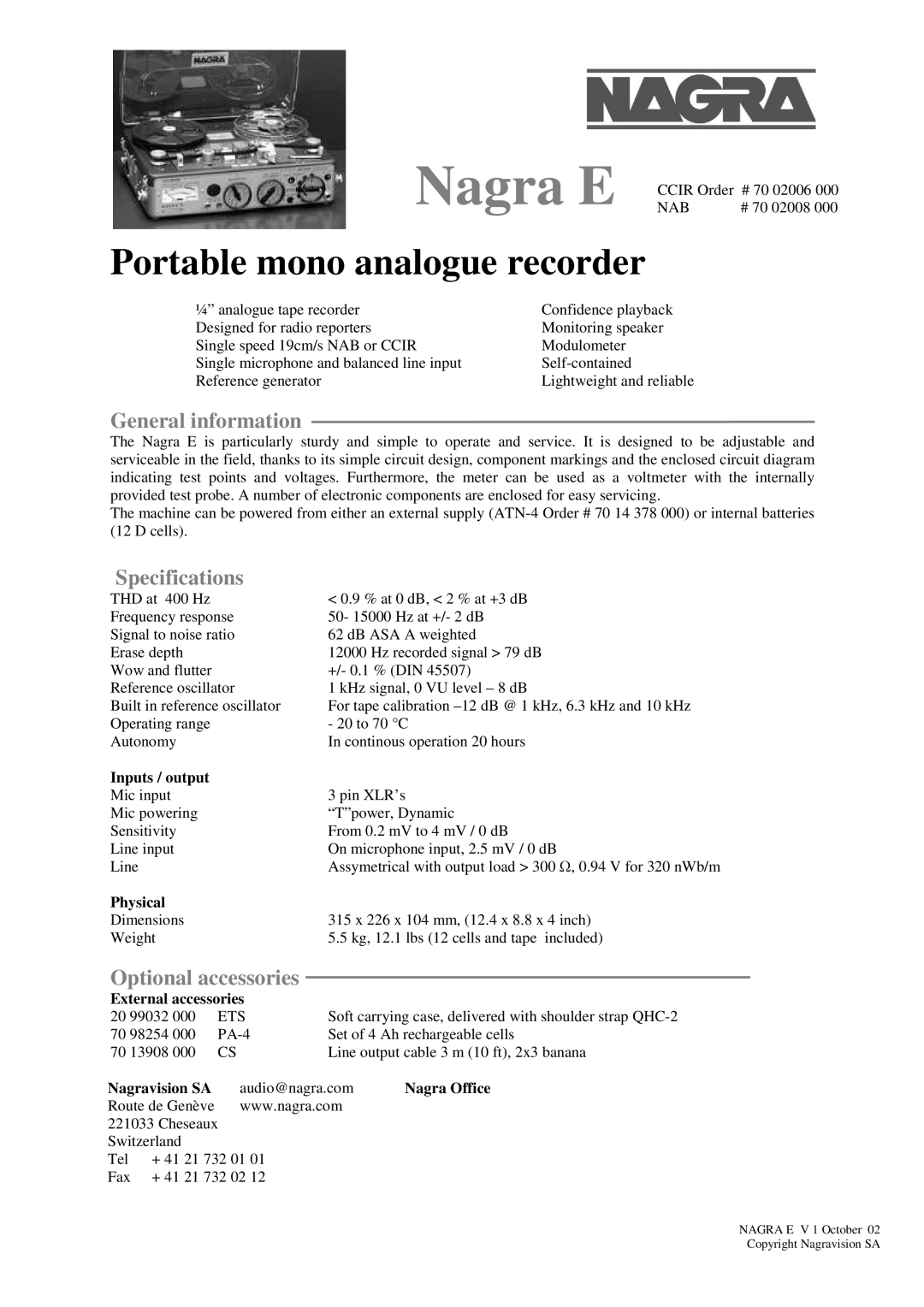 Nagra E specifications General information, Specifications 