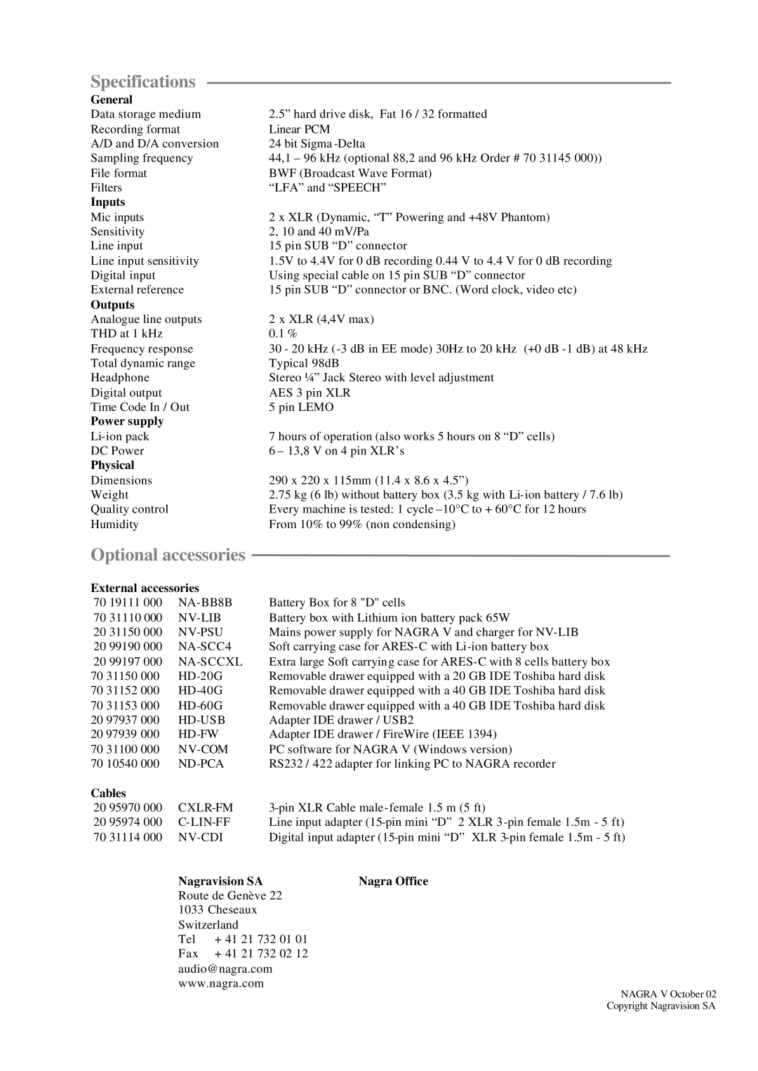 Nagra V manual Specifications, Optional accessories 