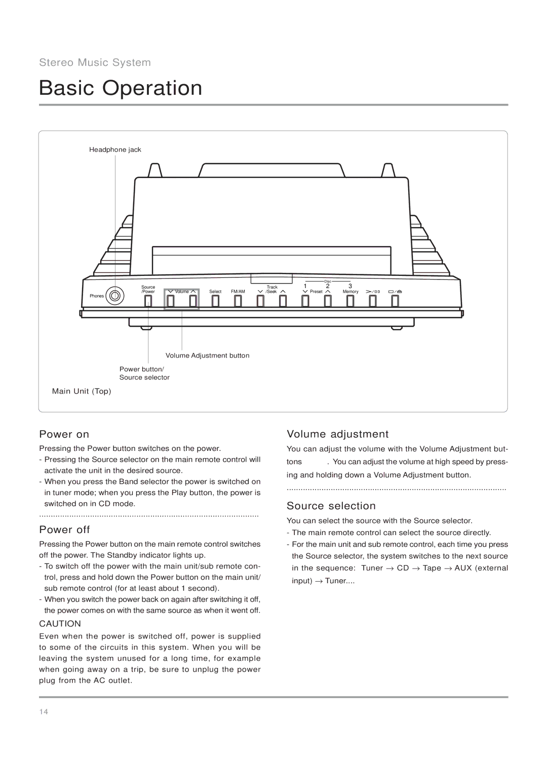Nakamichi Stereo Music System, SoundSpace 5 Basic Operation, Power on, Power off, Volume adjustment, Source selection 