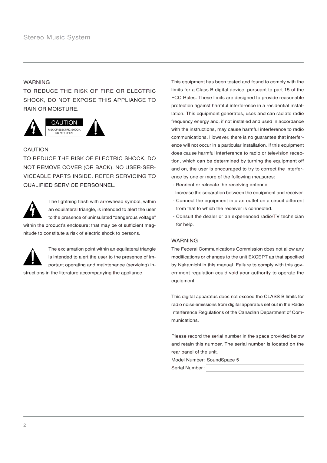 Nakamichi Stereo Music System, SoundSpace 5 owner manual Risk of Electric Shock Do not Open 