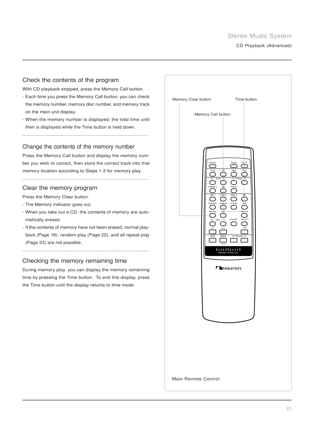 Nakamichi SoundSpace 5, Stereo Music System Check the contents of the program, Change the contents of the memory number 