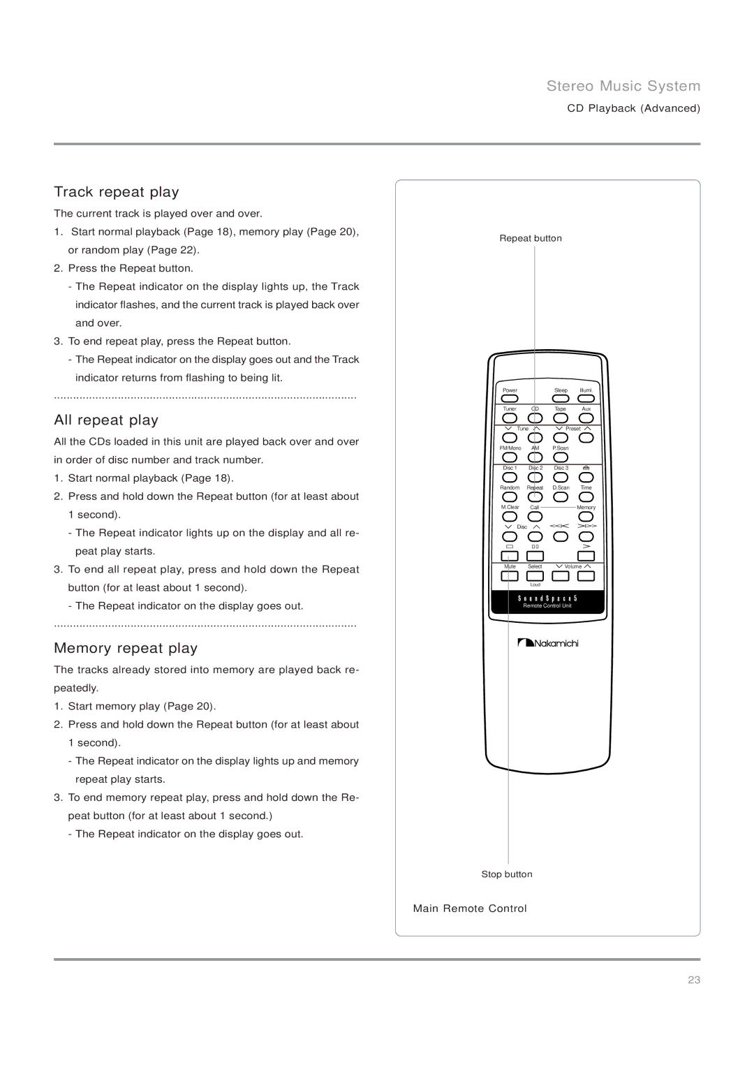 Nakamichi SoundSpace 5, Stereo Music System Track repeat play, All repeat play, Memory repeat play, Repeat button 