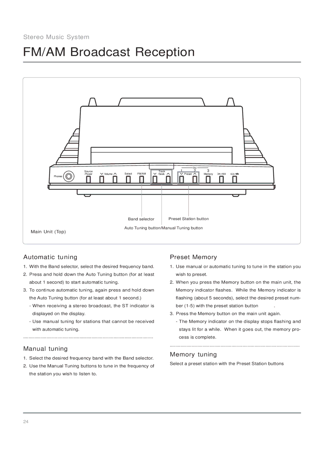 Nakamichi Stereo Music System FM/AM Broadcast Reception, Automatic tuning, Manual tuning, Preset Memory, Memory tuning 