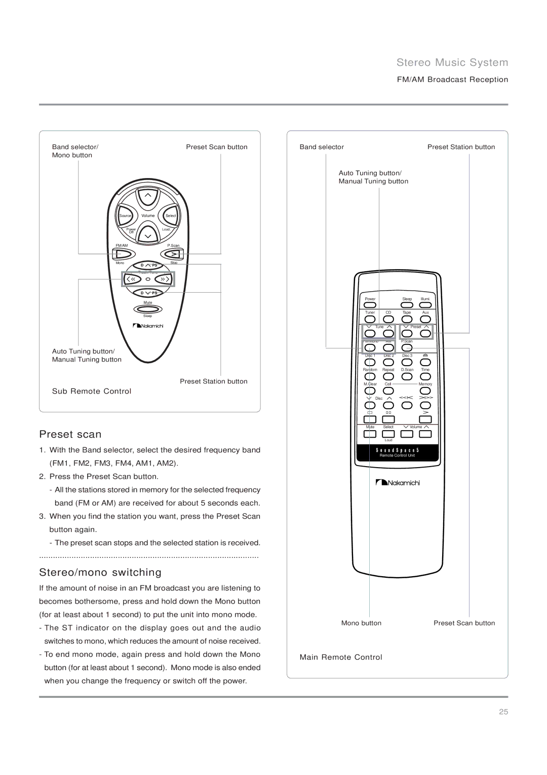 Nakamichi SoundSpace 5 owner manual Preset scan, Stereo/mono switching, Band selector Preset Scan button Mono button 