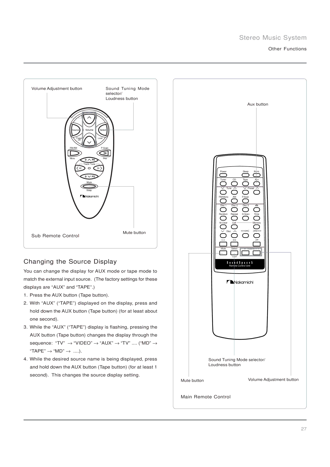 Nakamichi SoundSpace 5, Stereo Music System owner manual Changing the Source Display, Mute button, Aux button 