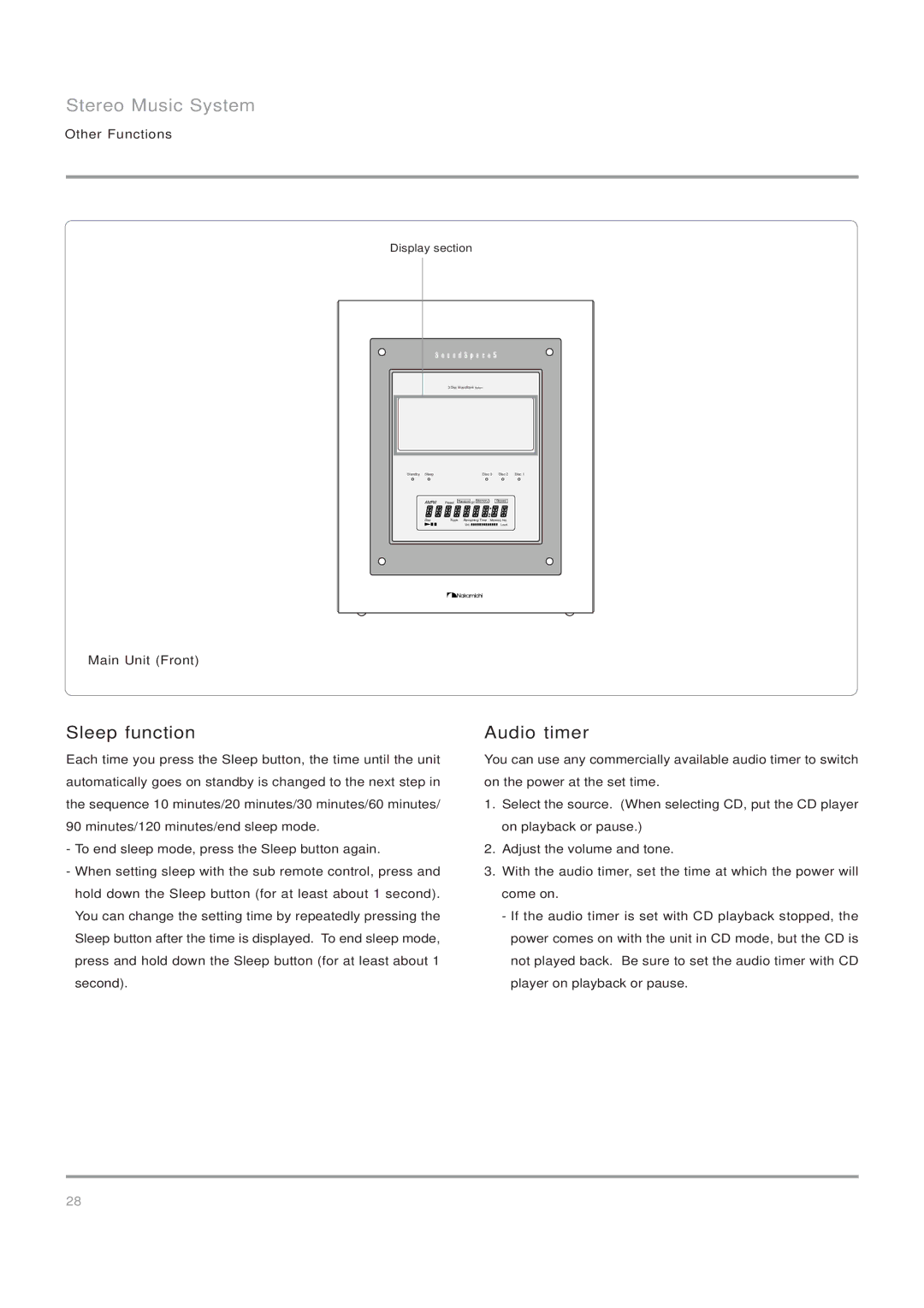 Nakamichi Stereo Music System, SoundSpace 5 owner manual Sleep function, Audio timer, Display section 