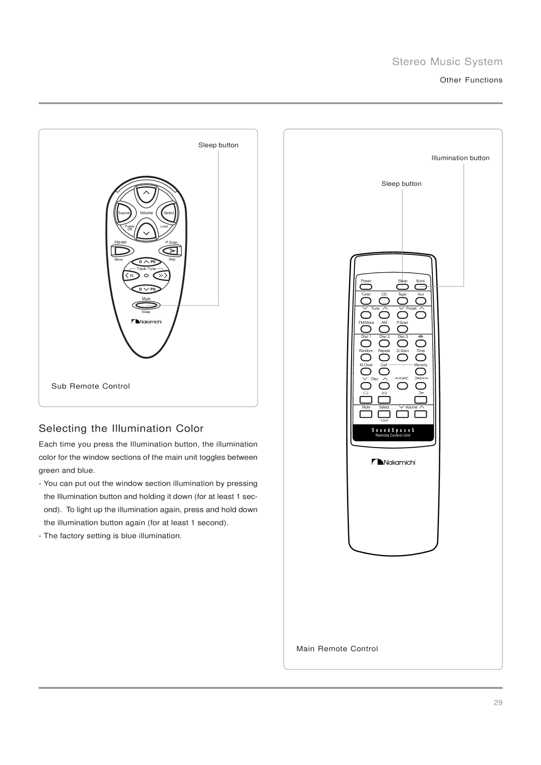 Nakamichi SoundSpace 5, Stereo Music System owner manual Selecting the Illumination Color, Sleep button Illumination button 