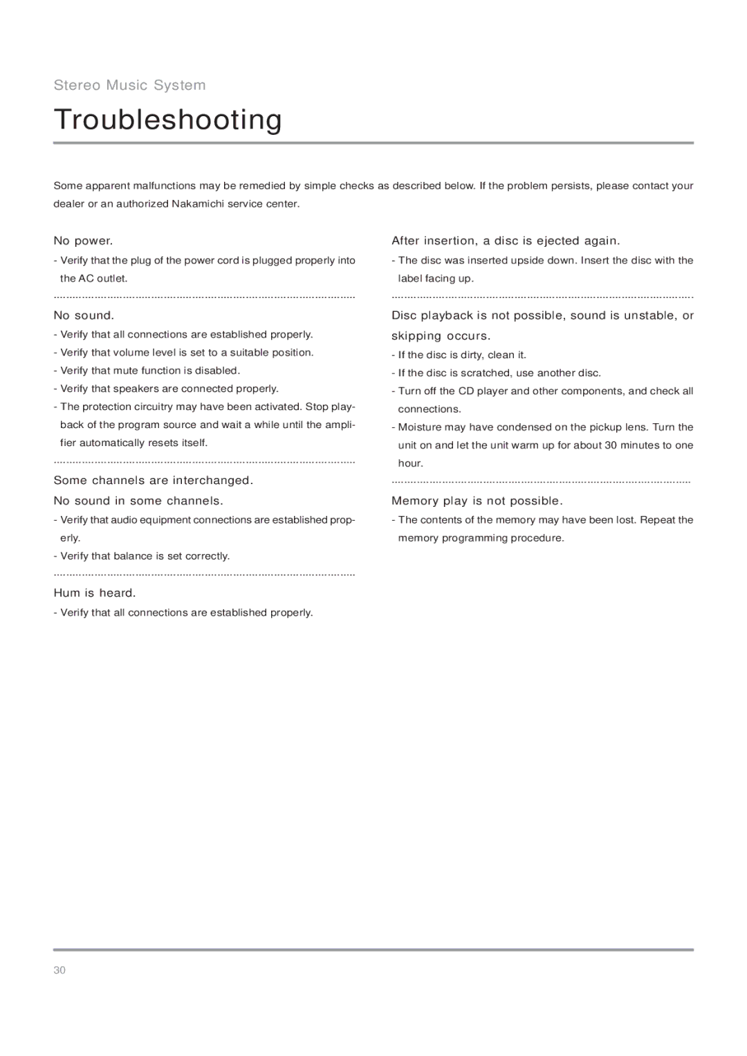 Nakamichi Stereo Music System, SoundSpace 5 owner manual Troubleshooting 