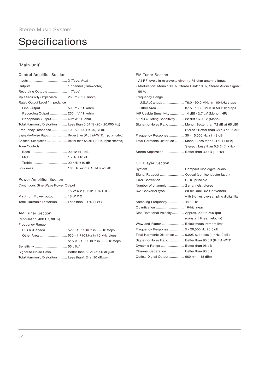 Nakamichi Stereo Music System, SoundSpace 5 owner manual Specifications, Main unit 