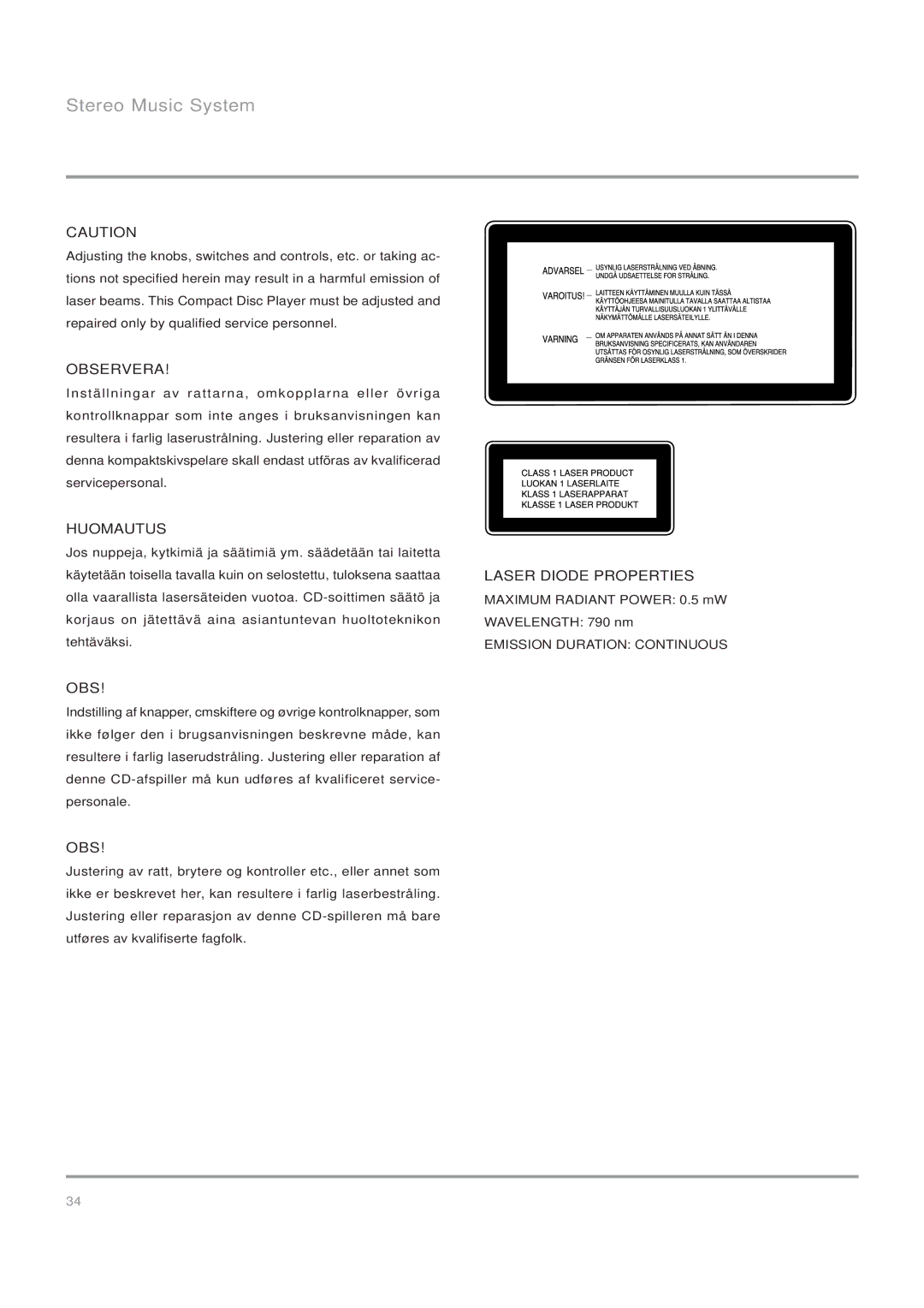 Nakamichi Stereo Music System, SoundSpace 5 owner manual Laser Diode Properties 