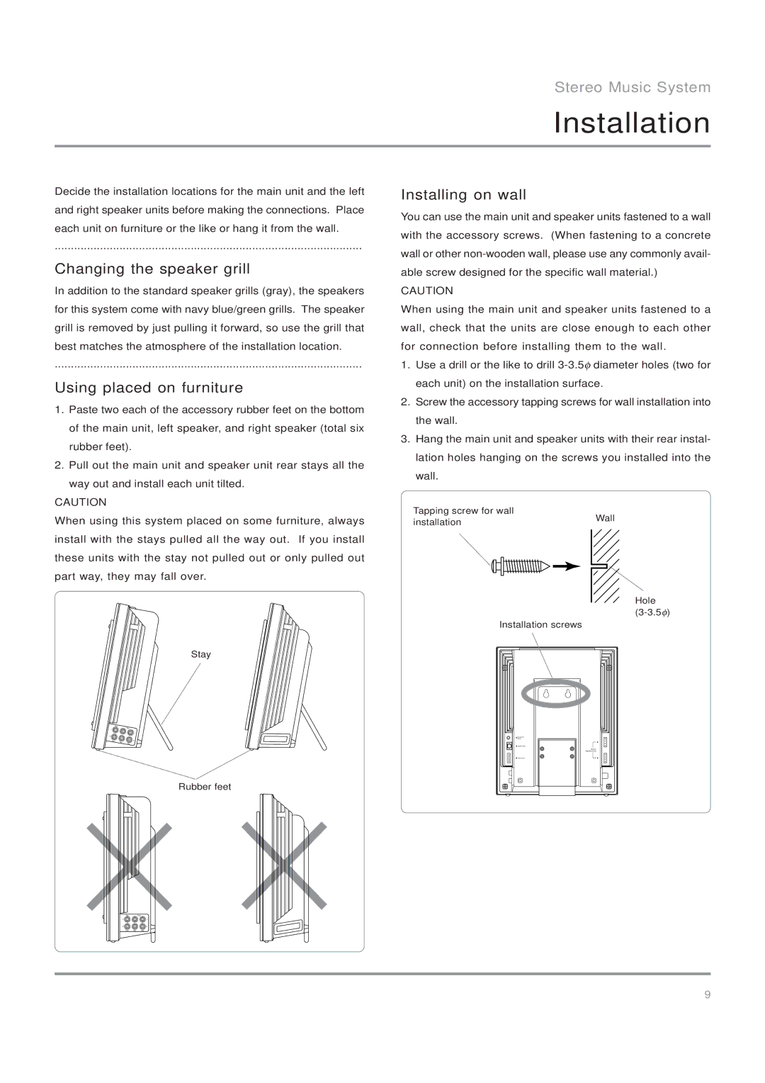 Nakamichi SoundSpace 5 owner manual Installation, Changing the speaker grill, Using placed on furniture, Installing on wall 