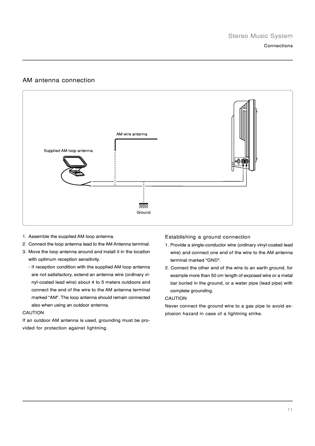Nakamichi SoundSpace 5 owner manual AM antenna connection, Stereo Music System, Establishing a ground connection 
