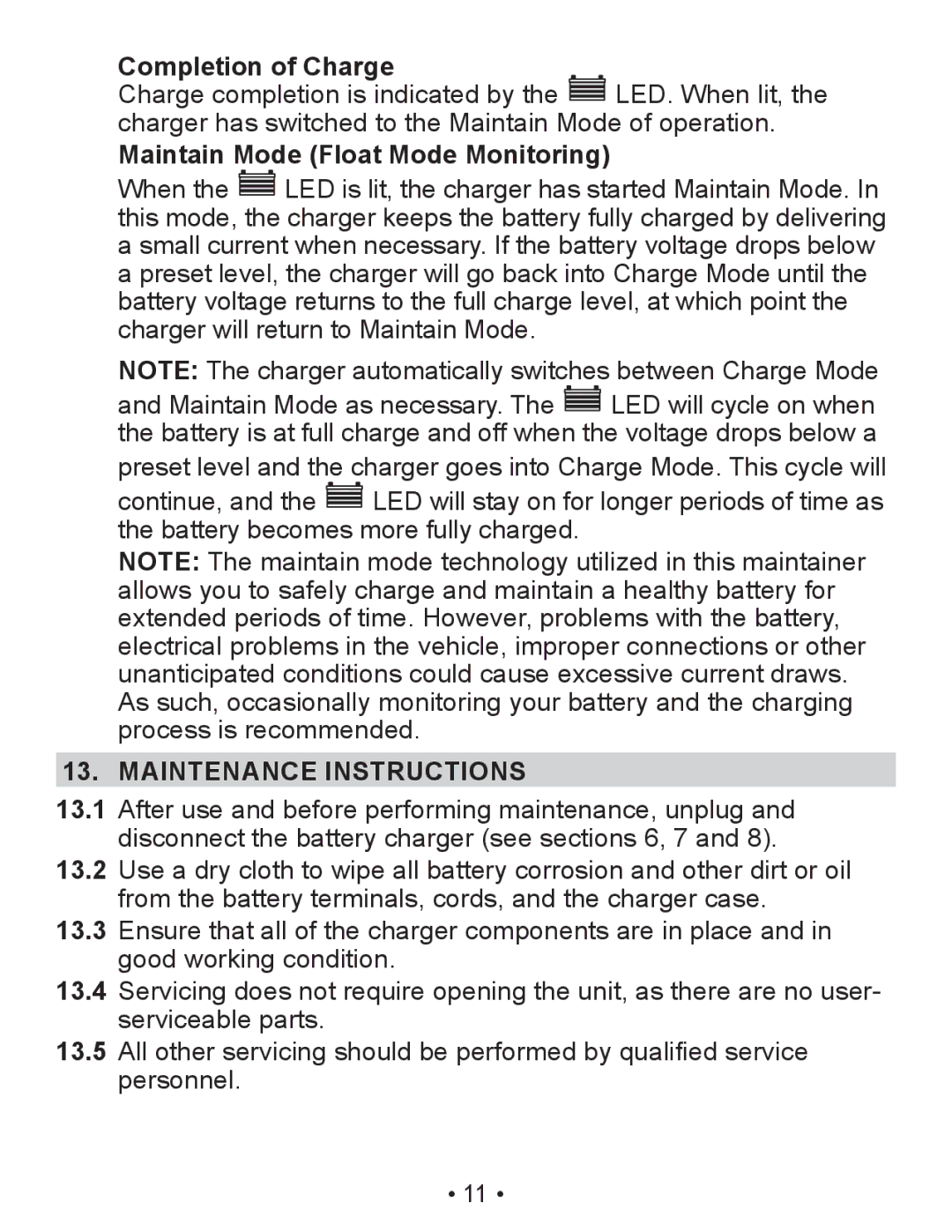 Napa Essentials 85-300A manual Completion of Charge, Maintain Mode Float Mode Monitoring, Maintenance Instructions 