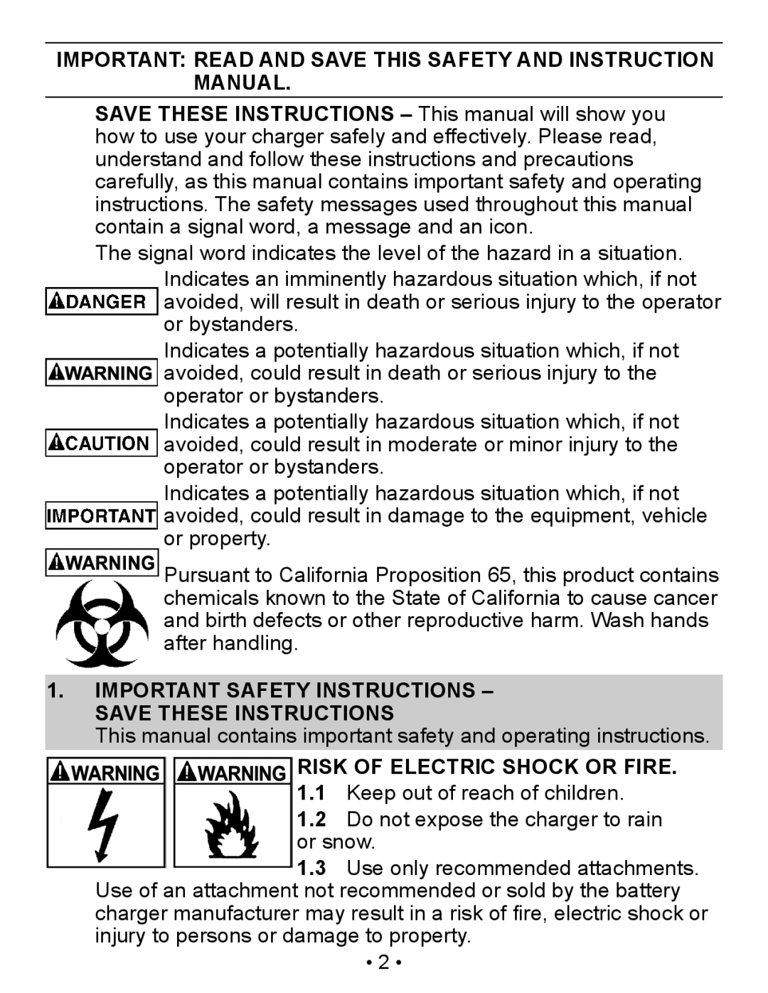 Napa Essentials 85-300A manual Important Safety Instructions Save These Instructions, Risk of Electric Shock or Fire 