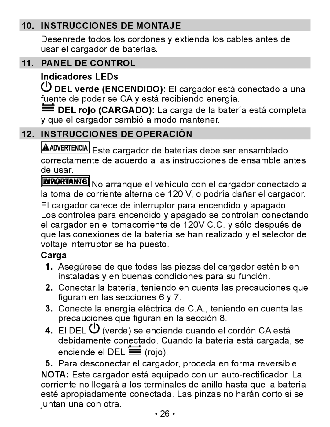 Napa Essentials 85-300A manual Panel DE Control, Indicadores LEDs, Instrucciones DE Operación, Carga 