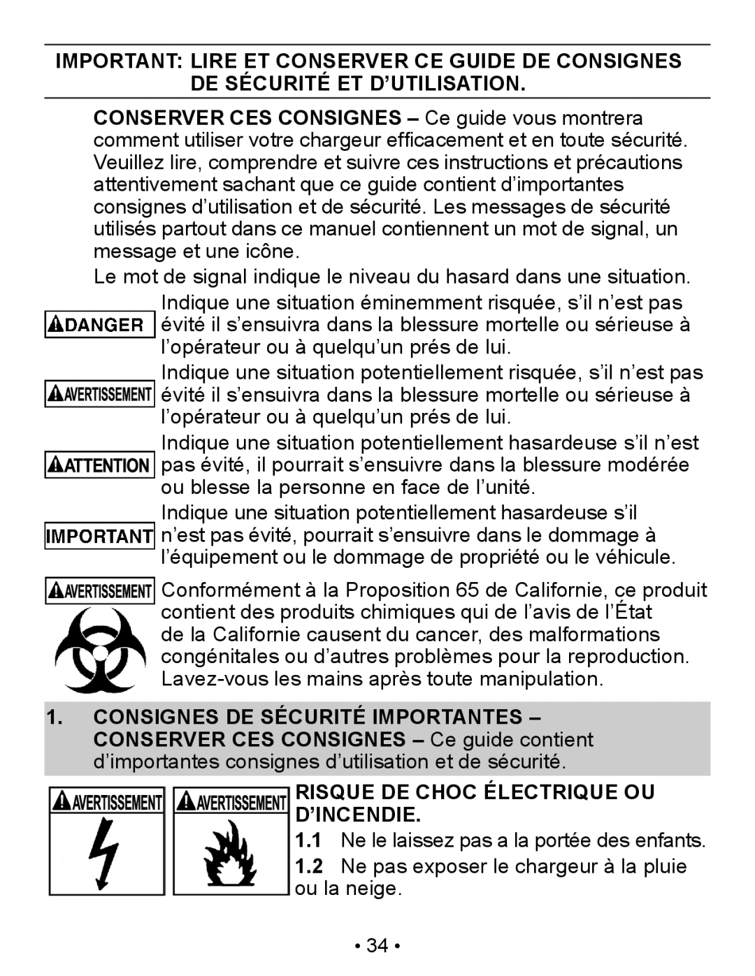 Napa Essentials 85-300A manual Risque DE Choc Électrique OU ’INCENDIE 