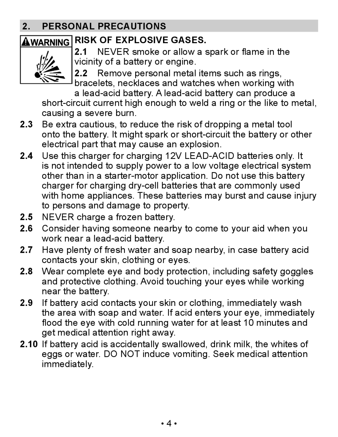 Napa Essentials 85-300A manual Personal Precautions Risk of Explosive Gases 