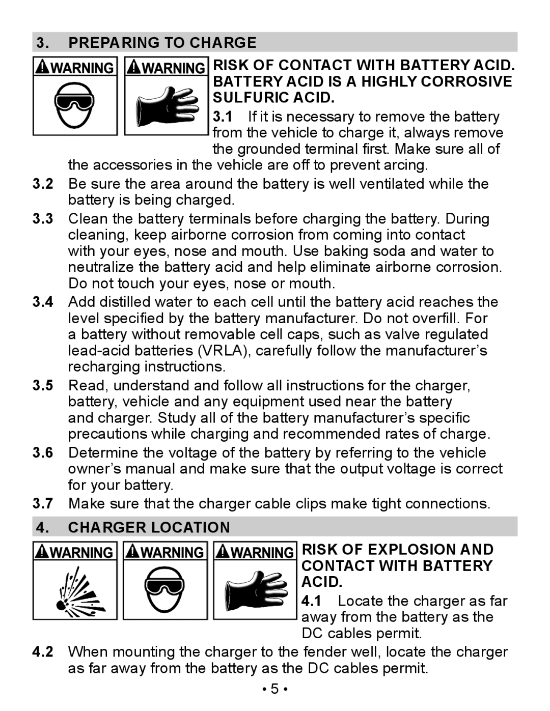 Napa Essentials 85-300A manual Charger Location Risk of Explosion Contact with Battery Acid 