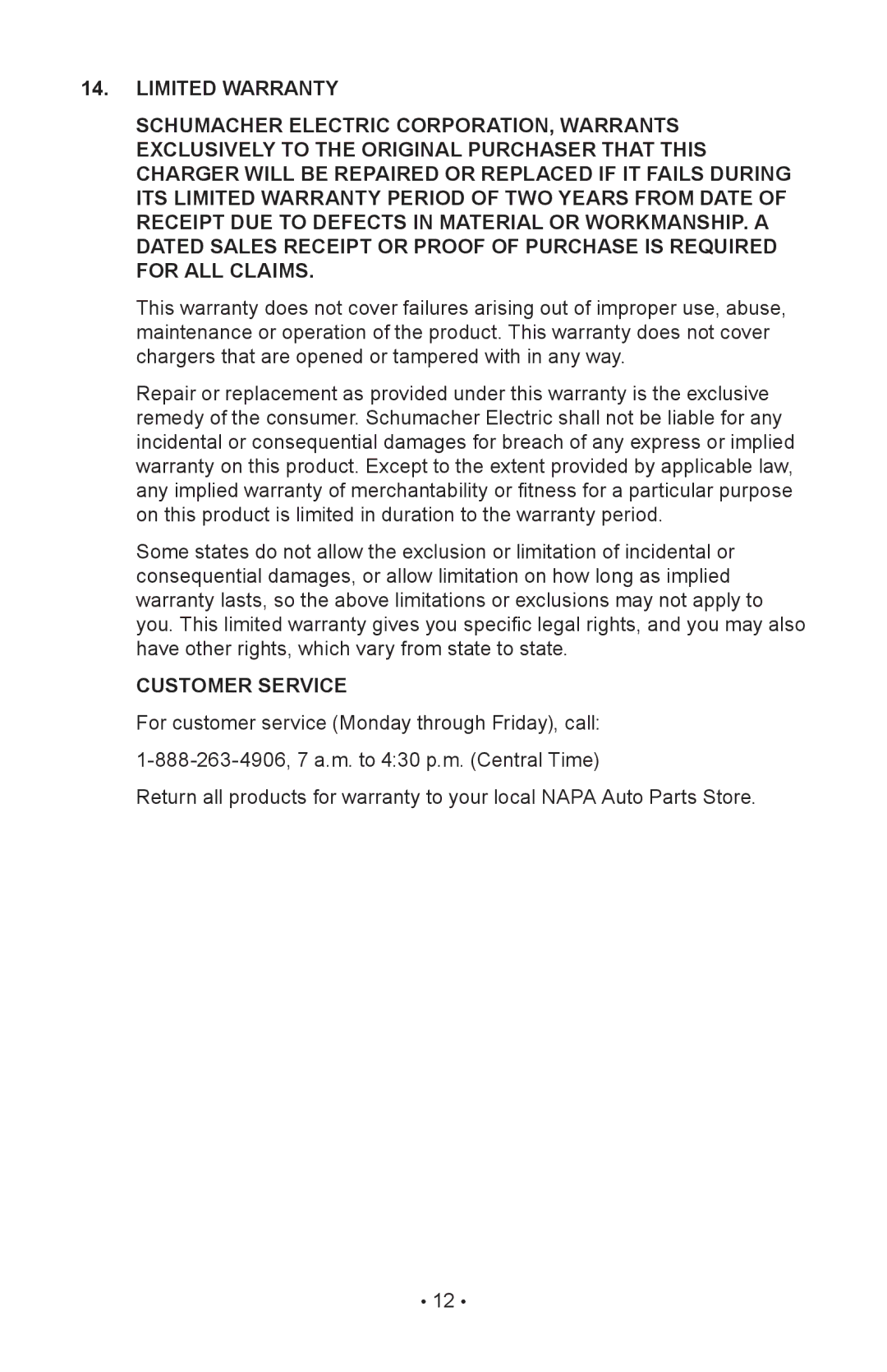 Napa Essentials 85-303 manual Customer Service 