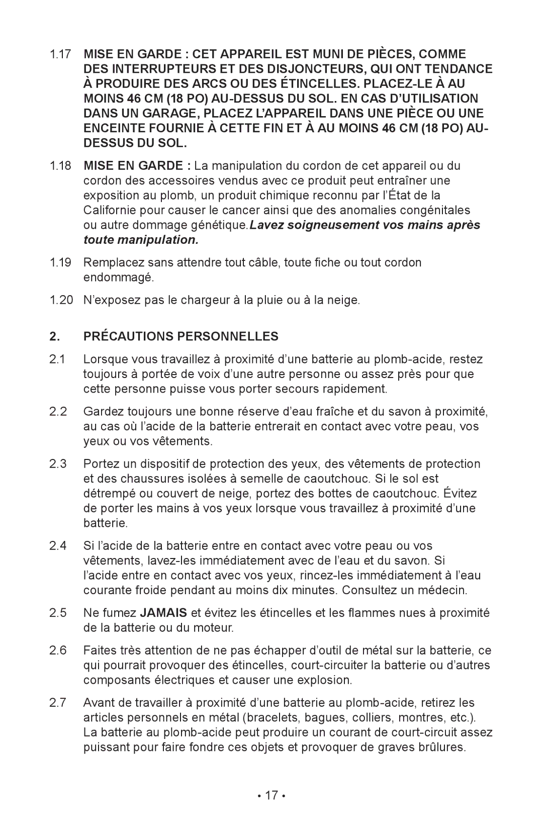 Napa Essentials 85-303 manual Dessus DU SOL, Précautions Personnelles 