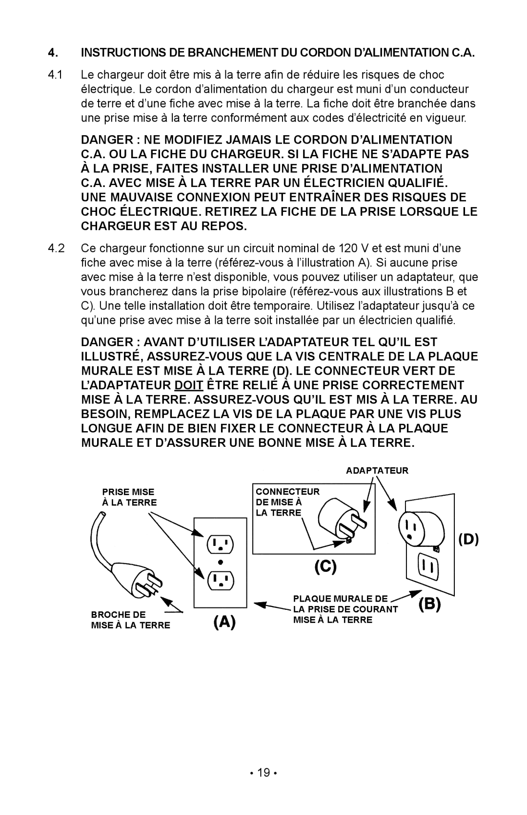 Napa Essentials 85-303 manual Instructions DE Branchement DU Cordon D’ALIMENTATION C.A 