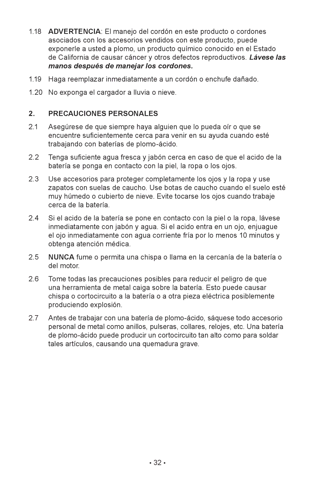 Napa Essentials 85-303 manual Precauciones Personales 