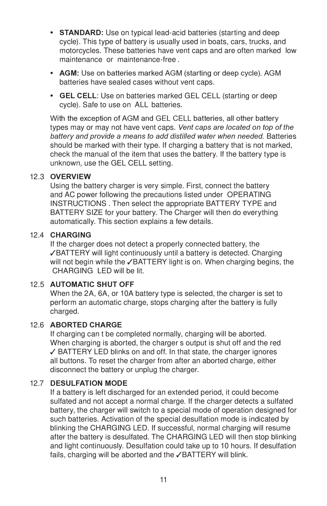 Napa Essentials 85-510 manual Overview, Charging, Automatic Shut OFF, Aborted Charge, Desulfation Mode 