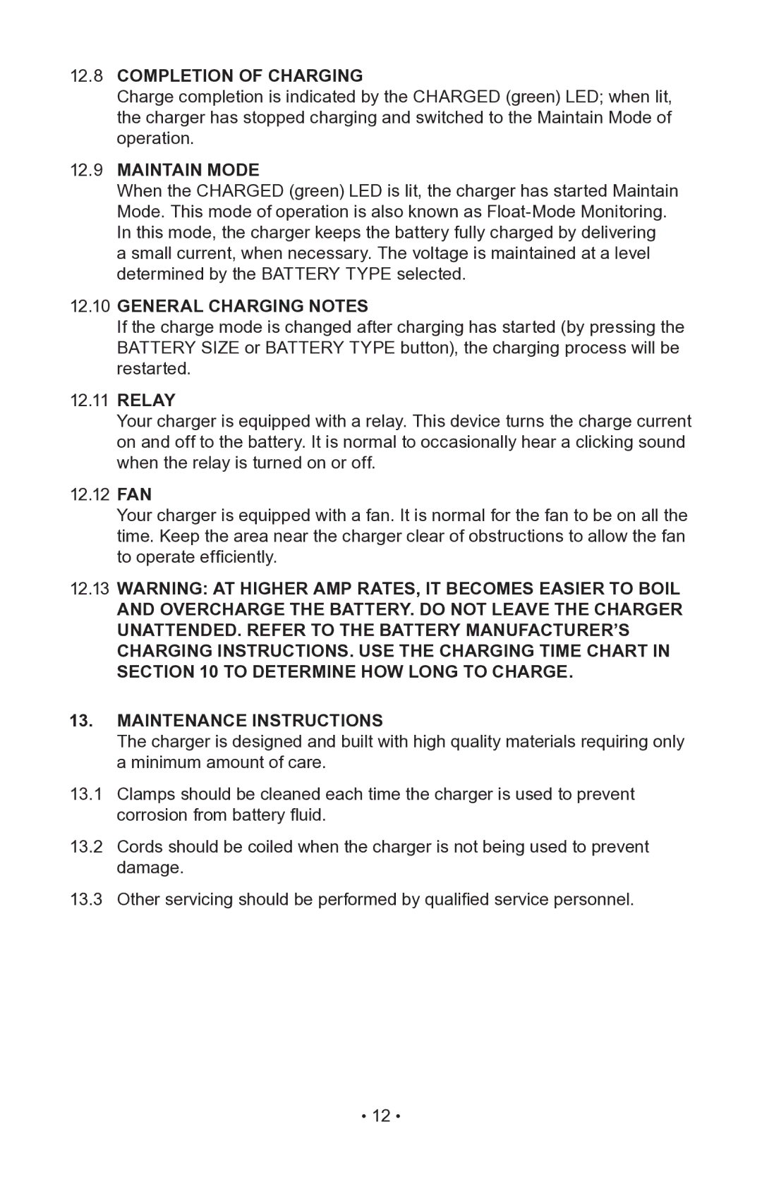 Napa Essentials 85-510 manual Completion of Charging, Maintain Mode, General Charging Notes, Maintenance Instructions 