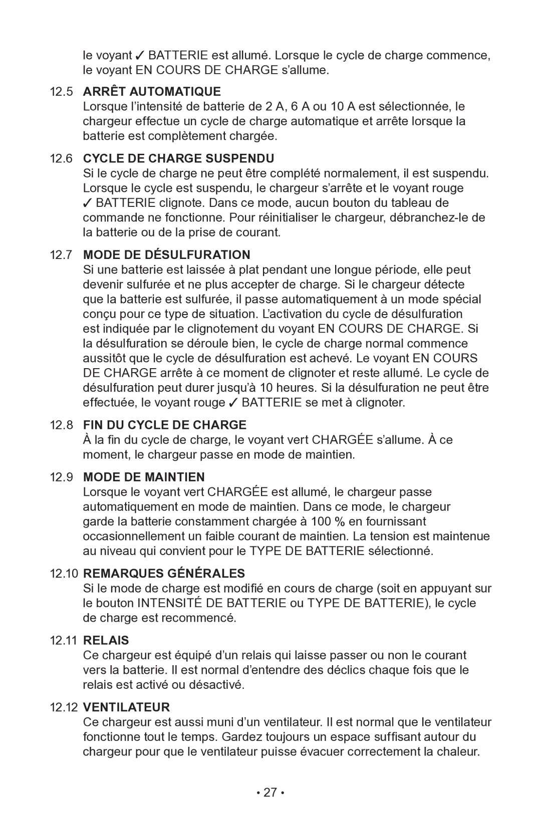 Napa Essentials 85-510 12.5 Arrêt Automatique, Cycle DE Charge Suspendu, Mode DE Désulfuration, FIN DU Cycle DE Charge 