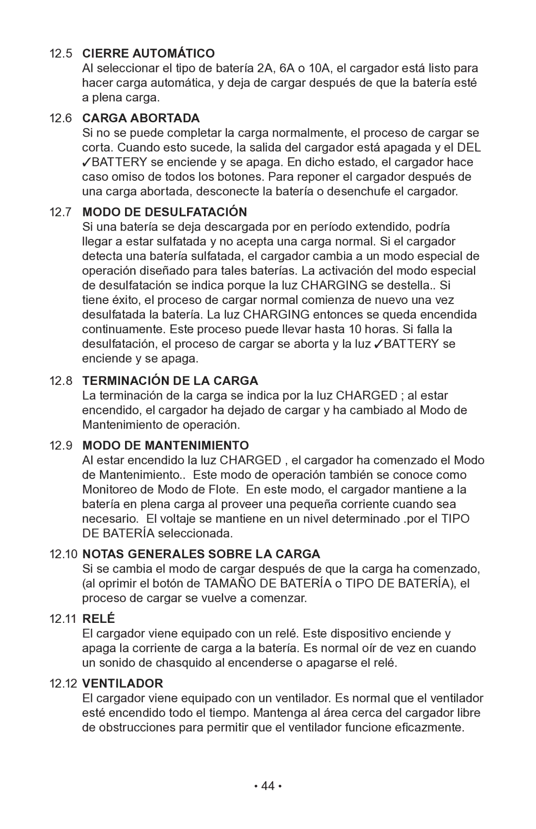 Napa Essentials 85-510 manual Cierre Automático, Carga Abortada, Modo DE Desulfatación, Terminación DE LA Carga 