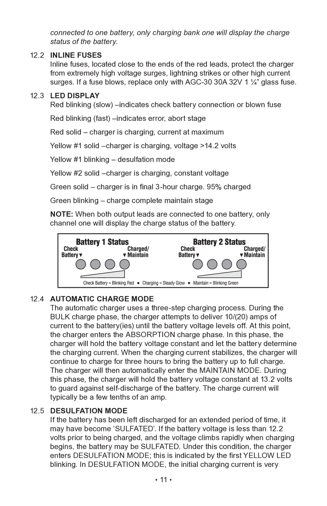 Napa Essentials 85-521 manual Inline Fuses, LED Display, Automatic Charge Mode, Desulfation Mode 