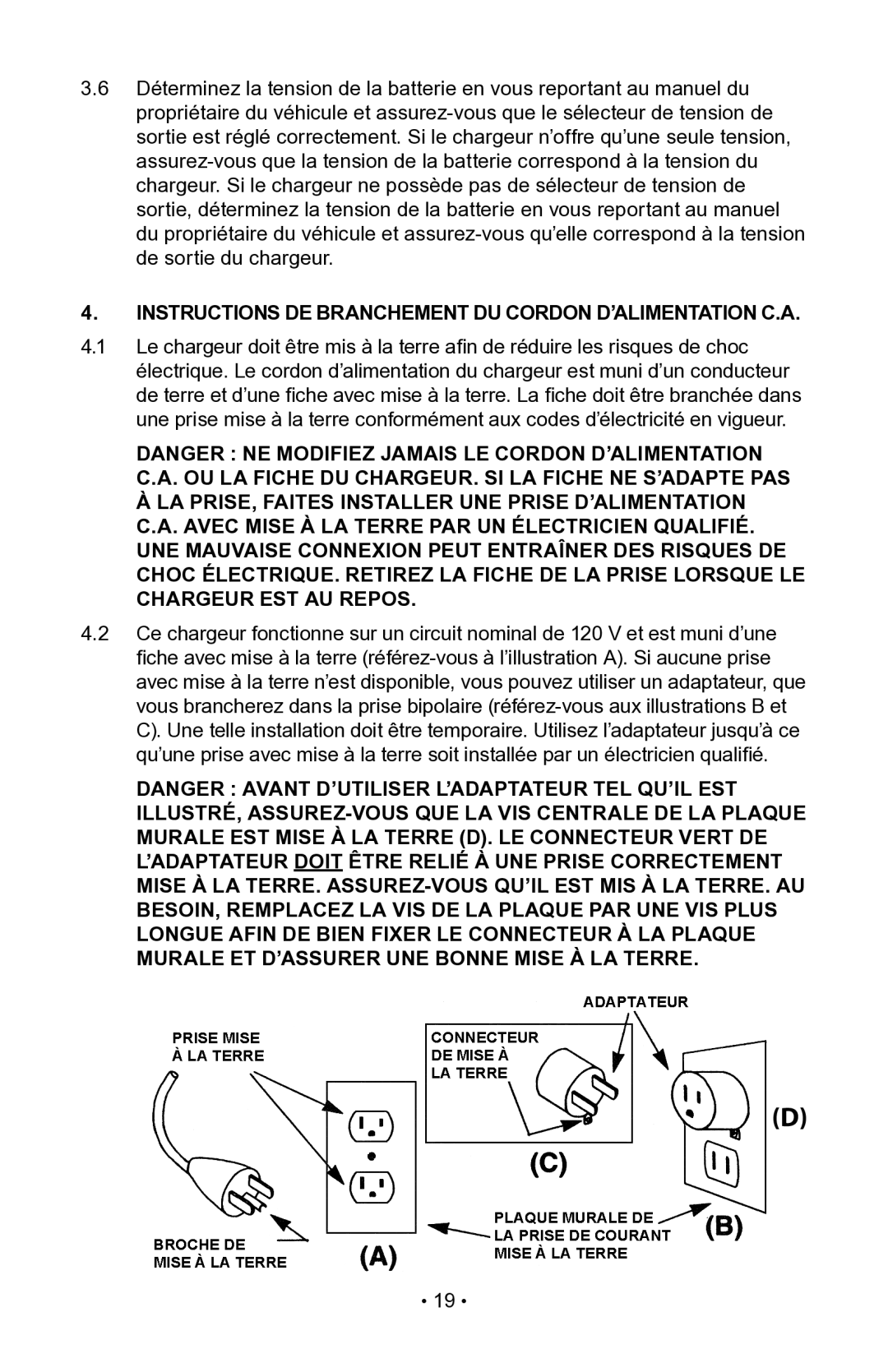 Napa Essentials 85-521 manual Instructions DE Branchement DU Cordon D’ALIMENTATION C.A 